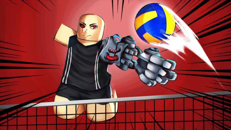 Character with a mechanical gauntlet spiking against a red background
