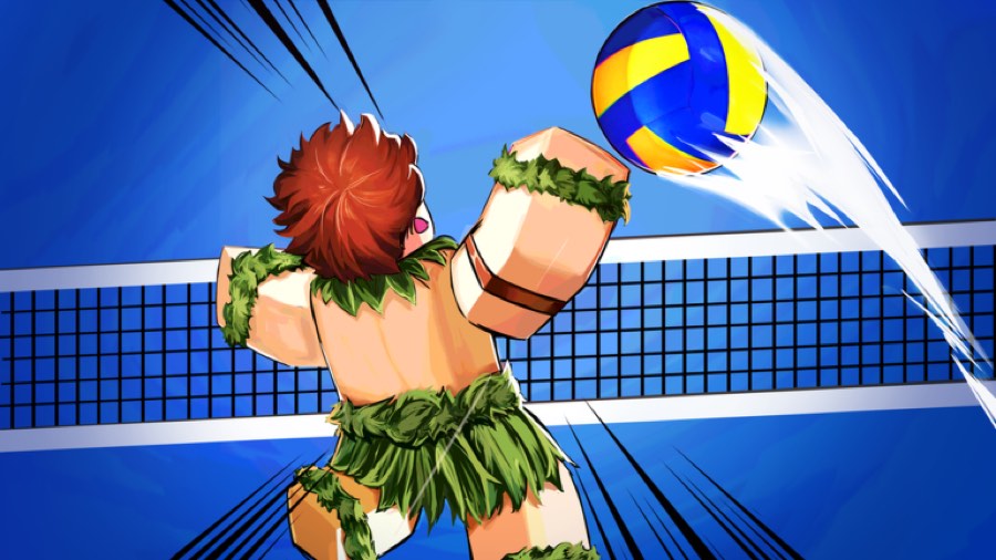 Leaf-clad character leaping to spike over the net